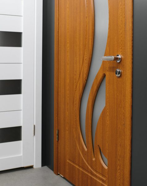 Shop window of doors. A large selection of doors for house.