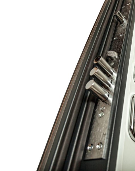 Close up armor open front door on white isolated background. Open security doors to an apartment or office. Art interior concept and style for design, textures and wallpaper. Copy space