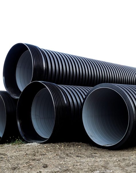 Corrugated double-walled pipes. Pipes for use in outdoor Sewerage systems. Big black pipes