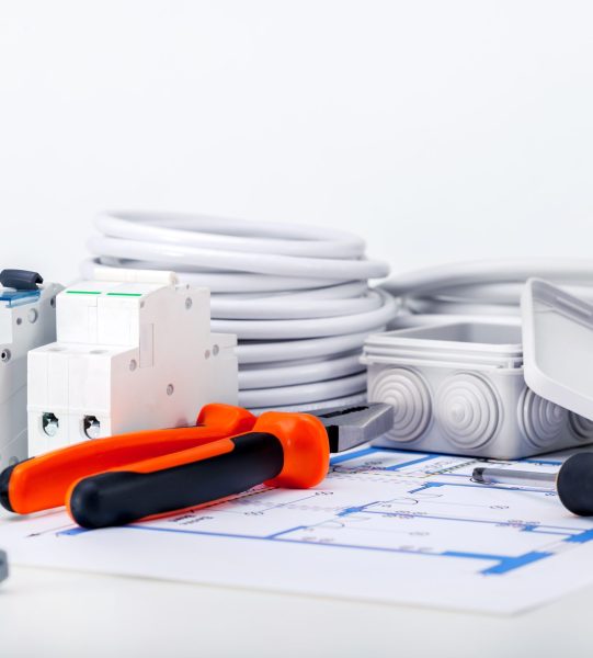 Electric different equipment, wires and tools on Electrical diagram. Components for electricity.