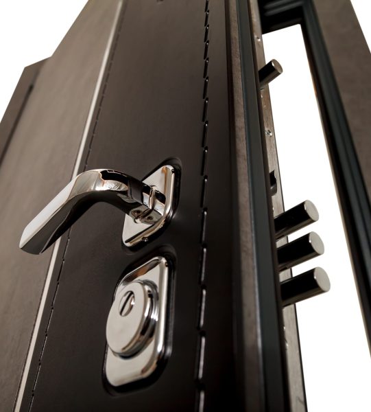 An open door with locks. Modern door with chrome metal handles and locks. Interior elements. Home security. Close-up of lock on armored door. Place for your creativity with space for text or logo