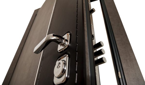 An open door with locks. Modern door with chrome metal handles and locks. Interior elements. Home security. Close-up of lock on armored door. Place for your creativity with space for text or logo