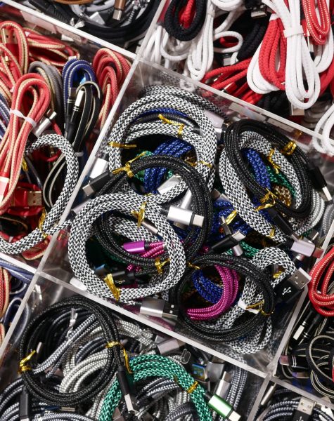 red and blue USB cable for smartphone.